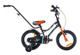 Rowerek dla chłopca 14 cali Tiger Bike z pchaczem czarno - pomarańczow - turkusowy