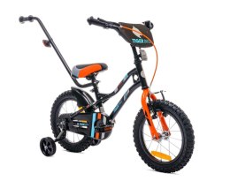Rowerek dla chłopca 14 cali Tiger Bike z pchaczem czarno - pomarańczow - turkusowy