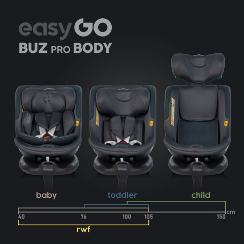 EASYGO BUZ PRO + BODY 2w1 Granito – Foteliki samochodowe z bazą ISOFIX R129 I-SIZE