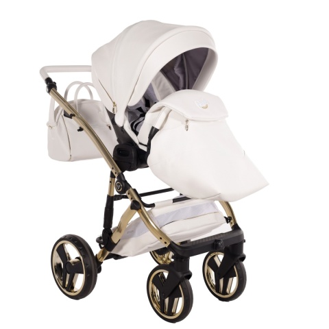 Junama Candy Premium 02 White – wózek dziecięcy 2w1 (gondola + spacerówka), ekoskóra, koła żelowe, Max-Click