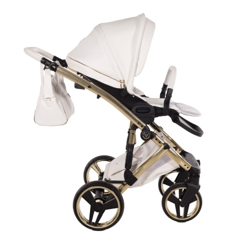 Junama Candy Premium 02 White – wózek dziecięcy 2w1 (gondola + spacerówka), ekoskóra, koła żelowe, Max-Click
