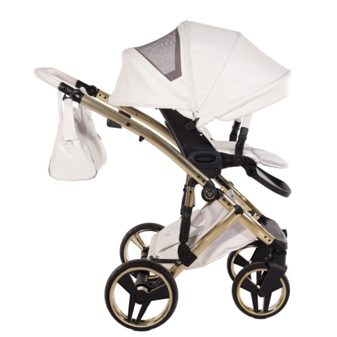 Junama Candy Premium 02 White – wózek dziecięcy 2w1 (gondola + spacerówka), ekoskóra, koła żelowe, Max-Click
