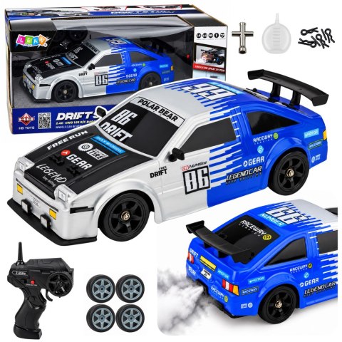 Samochód Sportowy RC Drift 4WD Dym Wymienne Koła Srebrno-Niebieski 1:16