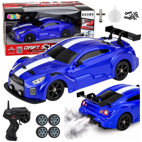 Samochód Sportowy RC Drift 4WD Wymienne Koła Efekt Dymu Niebieski 1:16